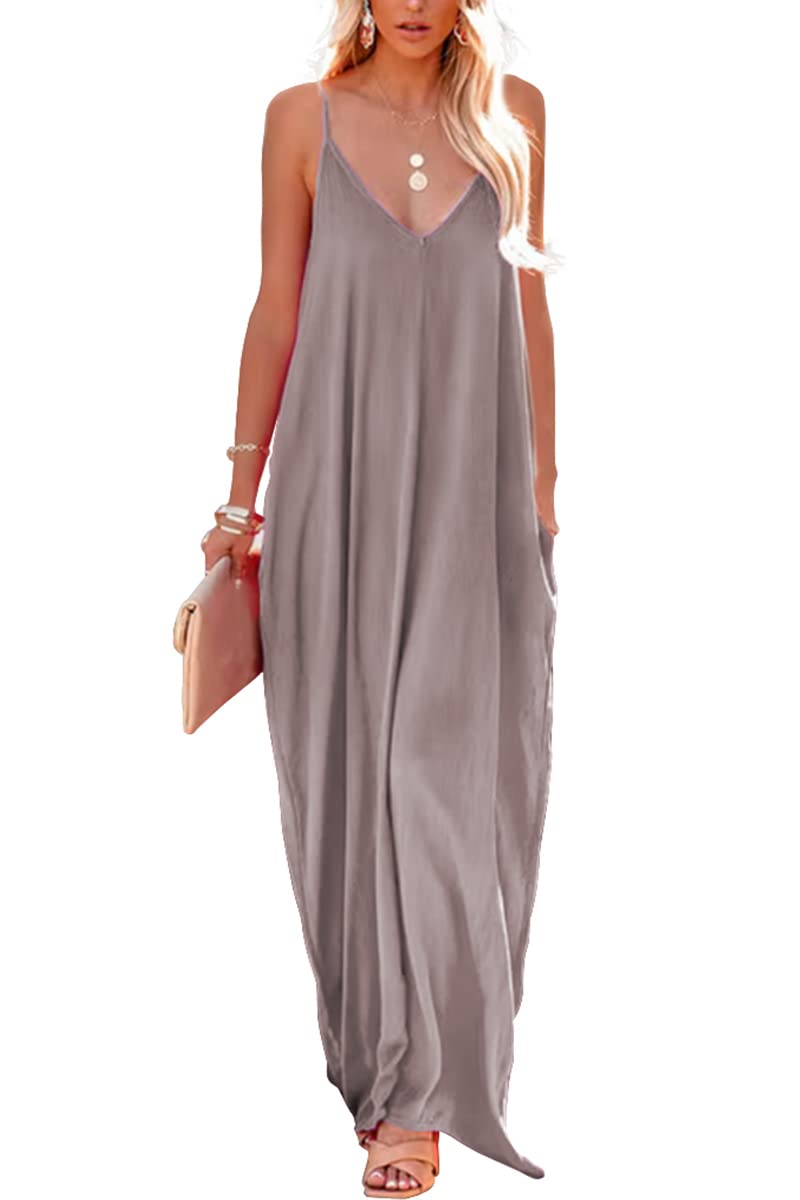 Poetsky Womens Casual V Neck Sleeveless Flowy Pockets Loose Long Maxi Beach Dress Sundress (XXL, Khaki) - Image 1
